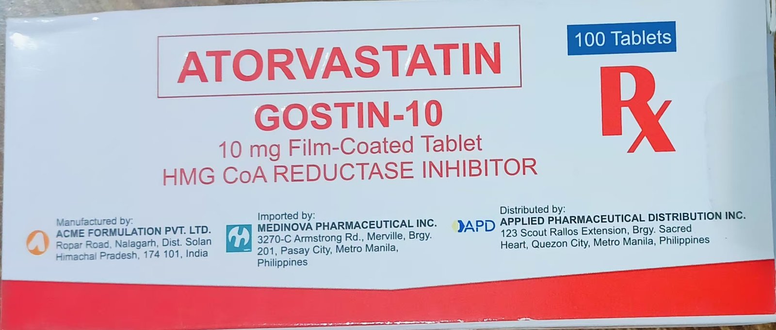 Atorvastatin 10mg Tablet 100's	 GOSTIN-10
