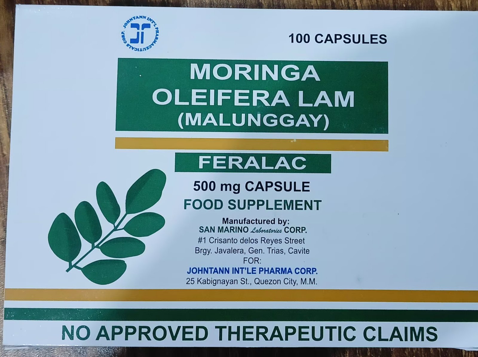 Moringa Oleifera Lam (Malunggay) 500mg Capsule 100 Capsules	FERALAC